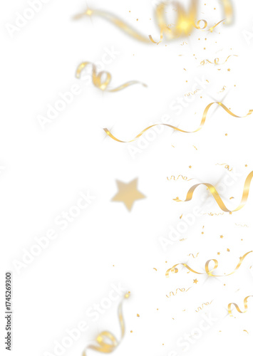 Gold confetti and curling ribbons with glowing stars, festive decoration isolated on transparent background, celebration sparkle and luxury party design element