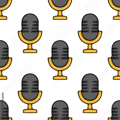 Seamless vector pattern of retro microphones with golden accents on a white background.