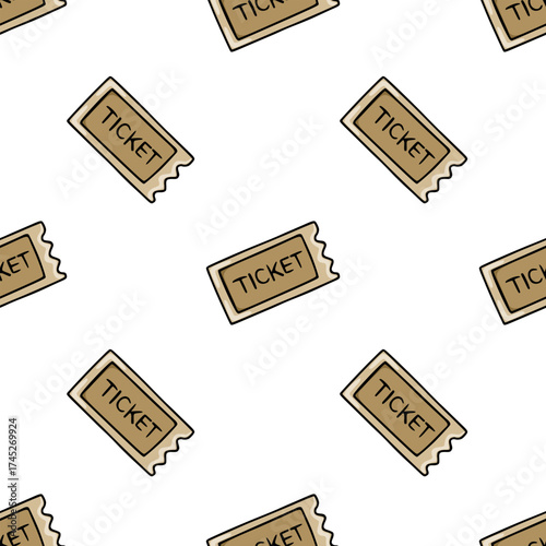 A playful, hand-drawn vector pattern featuring repeating brown tickets with "TICKET" text, set against a clean white background, ideal for event-themed designs.
