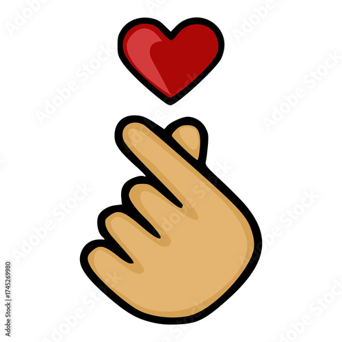 Korean finger heart gesture vector illustration with a glossy red heart symbol above, representing love and affection.