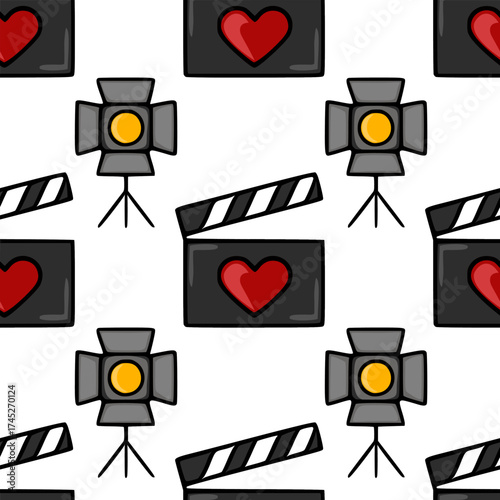Seamless vector pattern featuring charming hand-drawn film production elements like spotlights and clapperboards with a prominent red heart motif, set against a clean white background.