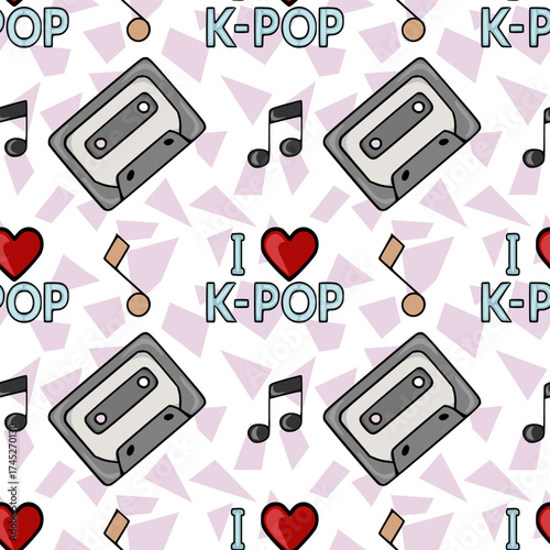 A vibrant vector seamless pattern celebrating K-Pop culture with iconic cassette tapes, musical notes, and bold "I Love K-Pop" text against a pastel geometric background.