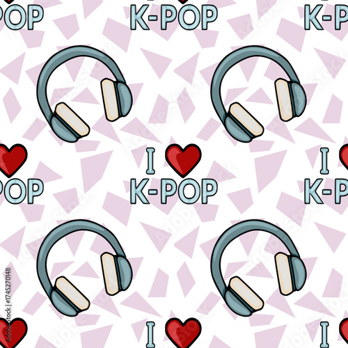 Seamless vector pattern featuring headphones and "I love K-POP" text with a geometric pink background.