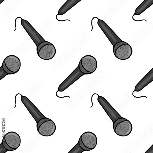 Seamless vector pattern of vintage microphones with black wires and textured heads on a white background.