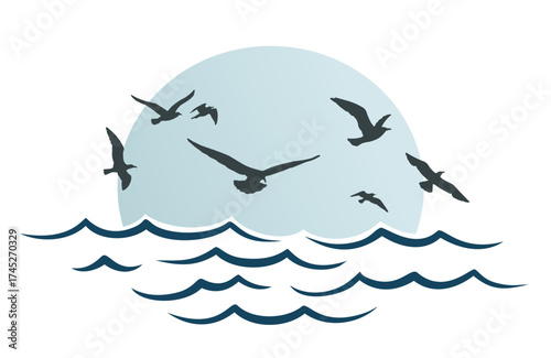 The seascape with a flock of birds.