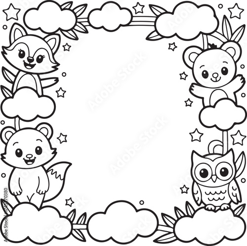 Cute Animals Border Coloring Page for Kids