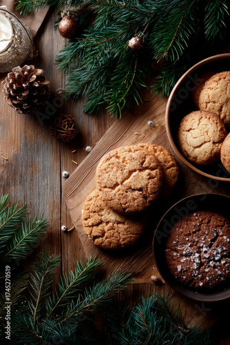 holiday decorations, cookies, pine sprigs, warm wood texture, overhead shot. Christmas cookies
