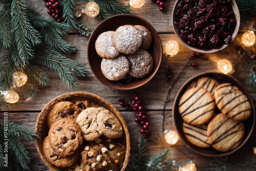 holiday decorations, cookies, pine sprigs, warm wood texture, overhead shot. Christmas cookies