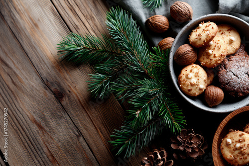 holiday decorations, cookies, pine sprigs, warm wood texture, overhead shot. Christmas cookies