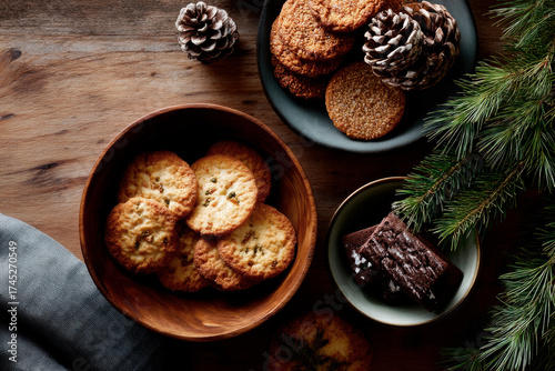 holiday decorations, cookies, pine sprigs, warm wood texture, overhead shot. Christmas cookies