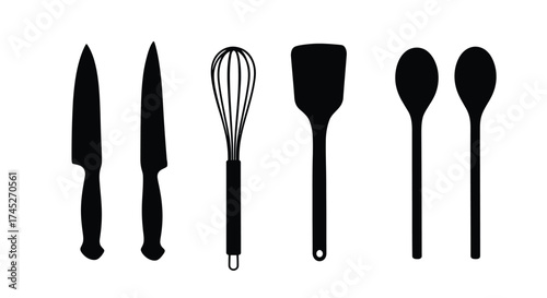 Black silhouette illustration of various kitchen utensils arranged in a row