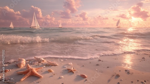 Serene beach sunset with starfish and sailboats. AI image