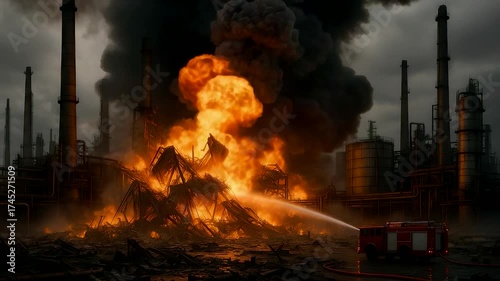 Massive industrial fire with flames and smoke rising as firefighters battle explosion at refinery site under dark stormy sky