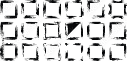 Brushstroke frame grid, rough rectangular borders, abstract black vector shapes, artistic texture design, sketch-style graphic template, isolated illustration set