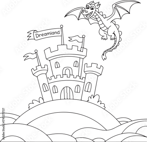 Fantasy Dragon Flies Over Dreamland Castle