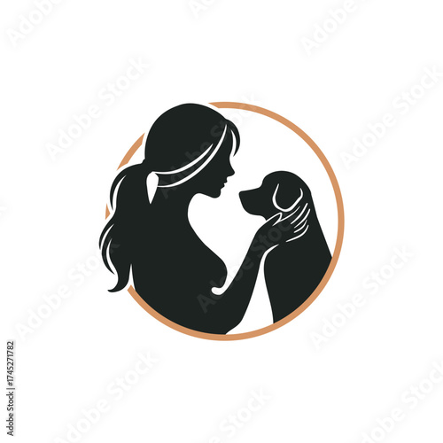 Silhouette of Woman and Dog in a Circle, Showing Affectionate Bond.