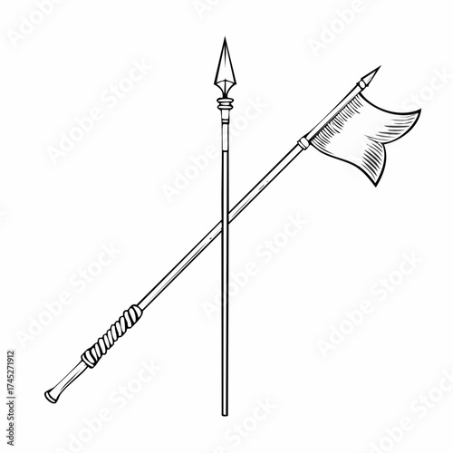 Spear and flag crossed on white background