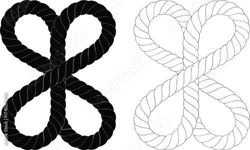 Figure eight rope knot vector, black and white symmetrical design, nautical loop, climbing knot, textured rope illustration, isolated graphic icon