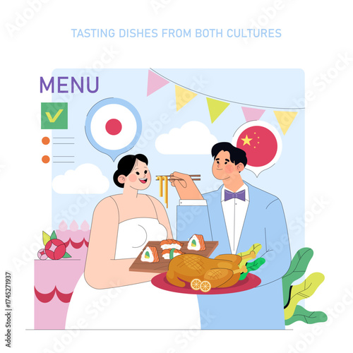 Wedding Couple Sharing Cultural Dishes Vector Illustration