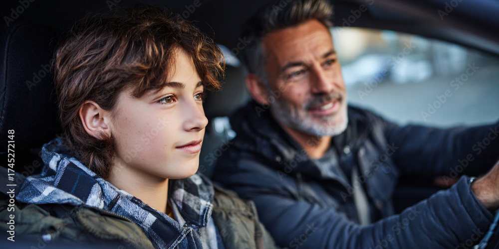 Obraz premium Parent sitting beside teenager in car, guiding and sharing moment of connection and learning