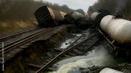 Train derailment on rural railway tracks with overturned tank cars and damaged rails causing environmental spill in foggy overcast weather