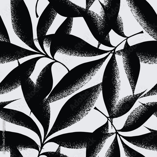 Abstract hand-drawn floral contemporary botanical leaf shapes seamless pattern with spray texture.