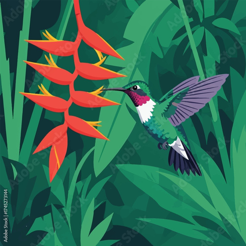 Hummingbird feeding on a red flower in a lush green environment.