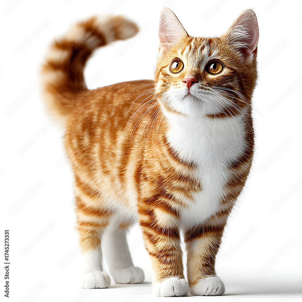 Fototapeta premium Adorable ginger tabby kitten standing and looking up
