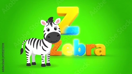 Animated letter Z with bright yellow and blue gradient on vibrant green background perfect for educational videos and kids learning materials