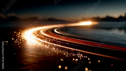 Glowing light trail curving through dark landscape with sparkling particles creating dynamic motion and vibrant energy at night scene