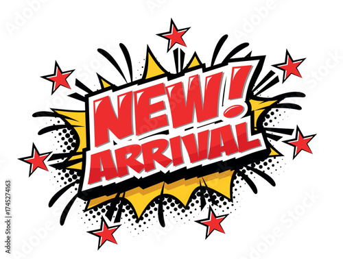 New Arrival on marketplace. Ad design in comic style. Vector template for notice, label, banner, sticker, icon, poster, product sign.