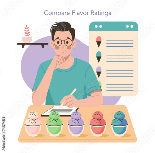 Man Rating Ice Cream Flavors Vector Illustration