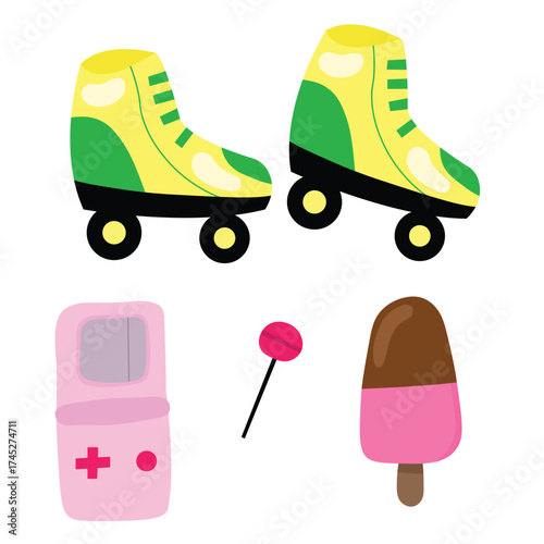 Retro fun set with roller skates ice cream candy and game illustration