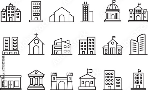 Building Icons Silhouette Vector Illustration Set Bundle of City Landmarks and Public Buildings
