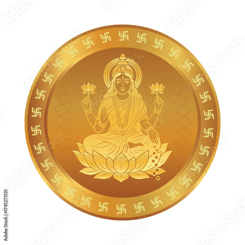 Dhanteras Lakshmi Pujan Golden Vector Coin Illustration of Goddess Lakshmi on Lotus with Swastika Border, Symbolizing Wealth and Prosperity