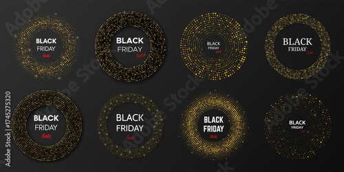Black Friday sale inscription on gold halftone circle