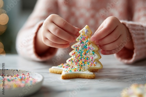 Child decorating Christmas tree sugar cookie with icing and colorful sprinkles, holiday baking closeup.