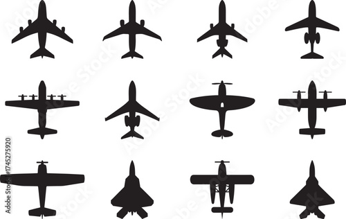Top View Airplane Silhouette Vector Illustration Set Bundle of Aircraft Icons
