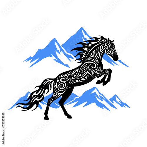 Black horse with tribal patterns prancing in front of blue mountains, isolated vector image on a transparent background, print for a T-shirt
  