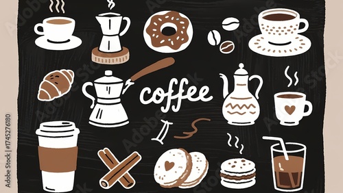 “Hand-Drawn Coffee Cup and Cafe Icons on Chalkboard