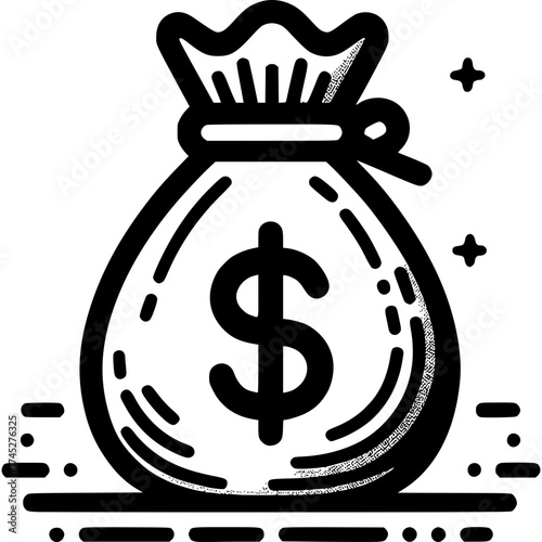 Wealth Illustration: A detailed monochrome illustration of a money bag adorned with a dollar sign, suggesting financial prosperity.