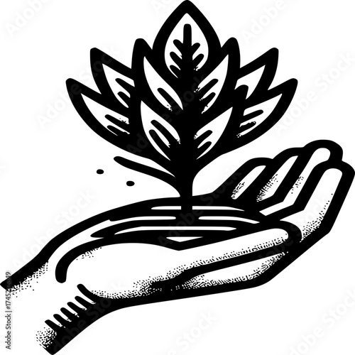 Nurturing Growth: A detailed illustration of a hand cradling a budding plant, symbolizing care, sustainability, and growth. 