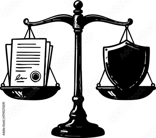 legal lawyer risk management concept. Scales representing law and protection symbols.