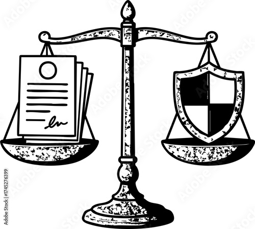 legal lawyer risk management concept. Scales representing law and protection with documents and a shield.
