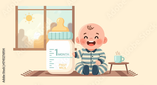 Adorable One Month Old Baby With Milk Bottle And Morning Coffee