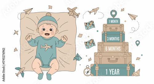 Baby Boy Traveling Milestones With Suitcases And Airplane Illustration