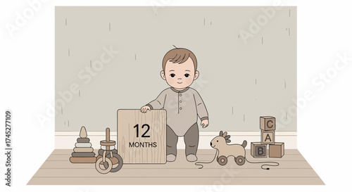 Celebrating Twelve Months Cute Baby Boy With Wooden Toys Illustration