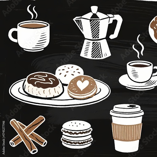 Hand-Drawn Coffee Cup and Cafe Icons on Chalkboard”