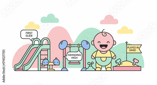 Cheerful Baby Enjoying An Illustrated Playful Playground Scene