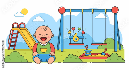 Joyful Illustration Of Baby Celebrating Six Months At The Playground